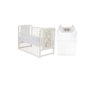 Set mobilier bebe Qmini Timmi Heart, patut pin 120x60 cm cu roti si laterala culisanta, saltea cocos-burete-cocos 12 cm si comoda Waldi cu masuta de infasat, alb - 1