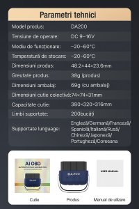 Tester Diagnoza Auto OBD2 Techstar DA200 cu Aplicatie AI, Resetare Coduri Eroare, Date in Timp Real, Compatibil - 12