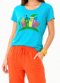Tricou din bumbac turcoaz  pictat manual, cu pisicuta si blocuri colorate,unicat - 1