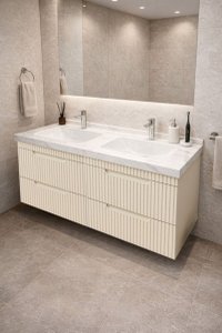 Set Baza Suspendata MDF cu Lavoar Seria 833, 120 cm, Crem, cu Sertare - 1