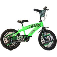 Bicicleta copii Dino Bikes BMX negru si verde 14 inch, varsta 4-7 ani, inaltimea 95-115 cm, frana de mana pe ambele roti, roti ajutatoare detasabile, pinion spate fix, Scut frontal - 2