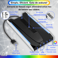Stand Vertical Racire, Cooler Consola Playstation 5 Slim & Pro Disc/Digital, 3 Viteze, Iluminare LED RGB, 3 Porturi USB - 2