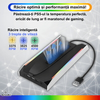 Stand Vertical Racire, Cooler Consola Playstation 5 Slim & Pro Disc/Digital, 3 Viteze, Iluminare LED RGB, 3 Porturi USB - 4
