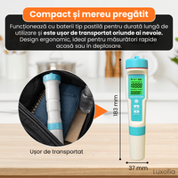 Detector de calitate a apei 7 in 1, Luxofia, afisaj LCD iluminat, calibrare automata, portabil - 6