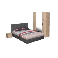 Set dormitor ECONO, 4 piese, pat 160x200 cm, dulap 4 usi, 2 noptiere, sherwood + gri - 1