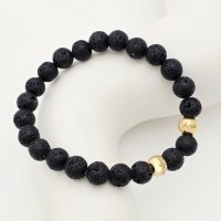 Bratara pietre semipretioase Lava de 8 mm - Bilute din Argint 925 placat cu Aur Galben 18K - Snur elastic - 1