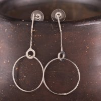Cercei argintii din metal cu lant si cerc oversized - 1