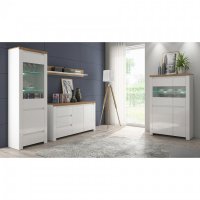 Set Living VIGO, 4 piese, 2 vitrine, comoda, raft suspendar, alb  + stejar wotan - 1