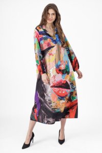 Rochie A-line lunga cu imprimeu colorat si maneci lungi elastice - 1