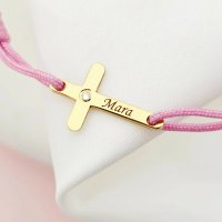 Bratara Cruciulita cu Diamant Natural de 15 mm - Personalizabila - Argint 925 placat cu Aur Galben 18K - Snur Reglabil - 1
