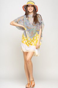 Rochie de plaja poncho cu buline galbene si imprimeu floral, din vascoza - 1