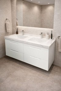 Set Baza Suspendata MDF cu Lavoar Seria 833, 120 cm, Alb Rustic, cu Sertare - 1