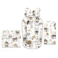 Set 4 in 1 Cosulet bebelus, Qmini, Baby Cocoon 75x55 cm, Din bumbac certificat Oeko Tex Standard 100, Cu paturica, Cu salteluta, Cu perna fluture, Teddy Bear and Friends Beige - 1