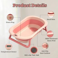 Set cadita pliabila pentru copii Little Mom Dino Pink, cu pernuta bebelusi detasabila, termometru display digital incorporat, dop scurgere, picioruse antiderapante, design ergonomic,80 x 50 x 24 cm - 5