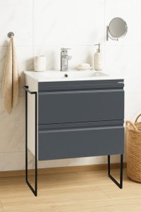 Set Baza Baie MDF cu Lavoar Seria 086, Cadru Metalic, Sertare, 60 cm, Antracit - 1
