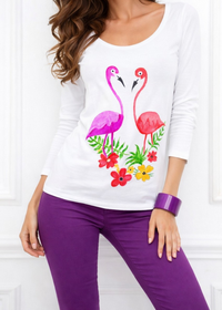 Bluza alba din bumbac  pictata manual ,cu flamingo,unicat - 1