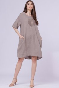 Rochie midi din in cu floare din paiete pe piept, bej inchis - 1