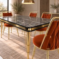 Set Masa si 4 Scaune Reina Homs, Negru cu Auriu, Dimensiuni 80 x 140 cm - 1