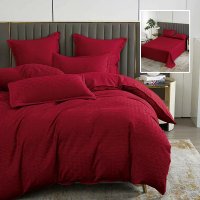 Lenjerie de Pat Natur Uni Stripe 6 Piese cu Cearsaft Rosu - 1