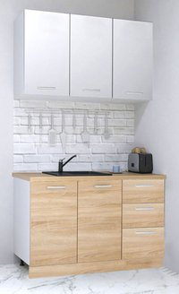 Set de Bucatarie GERMANIA 120 cm, 4 Corpuri, 3 Sertare, Blat Gros Sonoma si Alb - 1