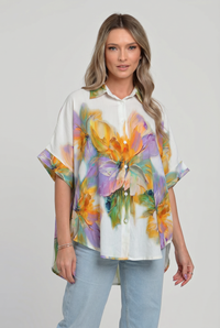 Camasa oversize cu maneca scurta din in si vascoza, imprimeu artistic pastelat - 1
