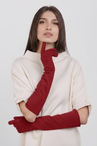 Manusi dama lungi din material textil catifelat rosu inchis - 1