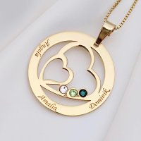 Lantisor Familie unita - Inimi in disc - 3 nume si cristale Swarovski - Argint 925 placat cu Aur Galben 18K - 1