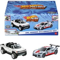 Set Hot Wheels Speeders cu 2 masini metalice Pull Back, GMC Hummer EV si Corvette C8R, scara 1:43 - 1