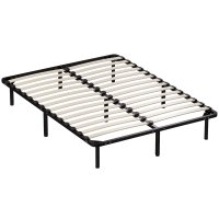 HOMCOM Pat Dublu Industrial cu 28 de Lame si Depozitare, Lemn si Otel, 190x140x31 cm, Negru si Lemn Natural | Aosom Romania - 1