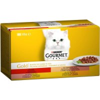 PURINA Gourmet Gold, Mix de 4 Arome (Vită, Curcan și Rață, Somon și Pui, Pui și Ficat), Conservă pentru Pisici, 85g x 4 - 1