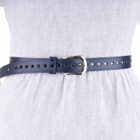 Curea bleumarin de 2.5 cm cu flori decupate, din piele ecologica cu catarama metalica argintie - 1