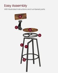 Set de 2 scaune de bar cu spatar VASAGLE, maro rustic si negru, 54 x 54 x 99 cm - 2