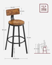 Set de 2 scaune de bar cu spatar VASAGLE, maro rustic si negru, 54 x 54 x 99 cm - 4
