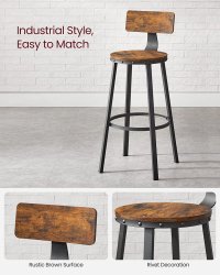 Set de 2 scaune de bar cu spatar VASAGLE, maro rustic si negru, 54 x 54 x 99 cm - 8