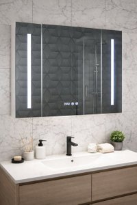 Dulap baie suspendat EDGE cu oglinda iluminare LED, 3 usi, alb, 80x14.5x68 cm - 1