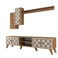 Set Living CLASS S, comoda TV cu raft de perete si dulapuri, nuc si crem, 180x35 cm - 1