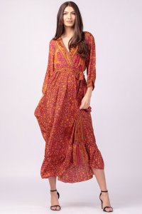 Rochie cu bust petrecut, din matase indiana, cu imprimeu oriental portocaliu-fucsia - 1