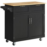 Carucior de bucatarie multifunctional din lemn cu 2 sertare, dulapior si 4 roti, 104x46x91cm, negru HOMCOM | Aosom RO - 1