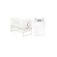 Set mobilier BabyNeeds Timmi Girafa, patut din pin 120x60 cm cu somiera reglabila, saltea cocos-burete 8 cm si comoda Waldi cu masa de infasat, alb - 1