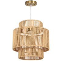 HOMCOM Lampa Suspendata cu Abajur in 3 Trepte, Metal si Sfoara de Canepa, Maro Deschis | Aosom Romania - 1