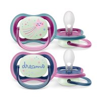 Set 2 suzete ortodontice Philips Avent Ultra Air, moi, fosforescente, silicon, cu carcasa de depozitare, fara BPA, 6-18 luni, Pink/Blue - 1