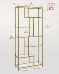 Biblioteca inalta VASAGLE LGT502A01 cu 6 polite din sticla securizata si cadru metalic auriu, 80x30x180 cm - 2