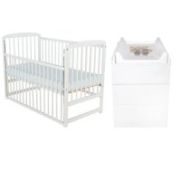 Set mobilier BabyNeeds pentru copii: Patut Ola din lemn de pin cu laterala culisanta, somiera reglabila, saltea cocos-burete-cocos 10 cm si comoda cu masuta de infasat, Alb - 1