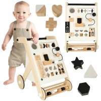 Antepremergator pentru copii, Ikonka, din Lemn, cu elemente interactive, sortator de forme, abac, labirint cu bile, placi numerice, oglinda si blocuri rotative, dimensiune 32 x 49 x 34 cm - 4