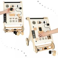 Antepremergator pentru copii, Ikonka, din Lemn, cu elemente interactive, sortator de forme, abac, labirint cu bile, placi numerice, oglinda si blocuri rotative, dimensiune 32 x 49 x 34 cm - 6