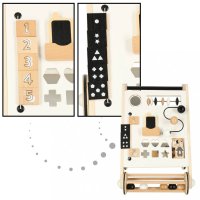 Antepremergator pentru copii, Ikonka, din Lemn, cu elemente interactive, sortator de forme, abac, labirint cu bile, placi numerice, oglinda si blocuri rotative, dimensiune 32 x 49 x 34 cm - 9