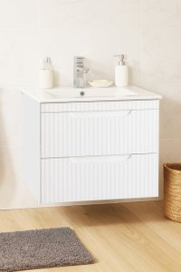 Set Baza Suspendata MDF cu Lavoar Seria 033, 60 cm, Alb Rustic, cu Sertare - 1