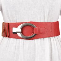 Curea elastica din piele ecologica rosie cu catarama ovala argintie, 6 cm latime - 1