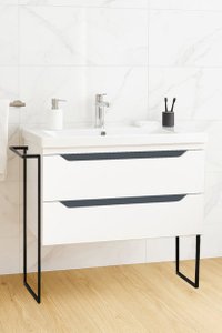 Set Baza Frontala MDF cu Lavoar Seria 756, Sertare, Cadru Metalic, 80 cm, Alb si Antracit - 1