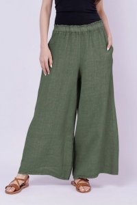 Pantaloni de vara largi din in, culoare kaki - 1